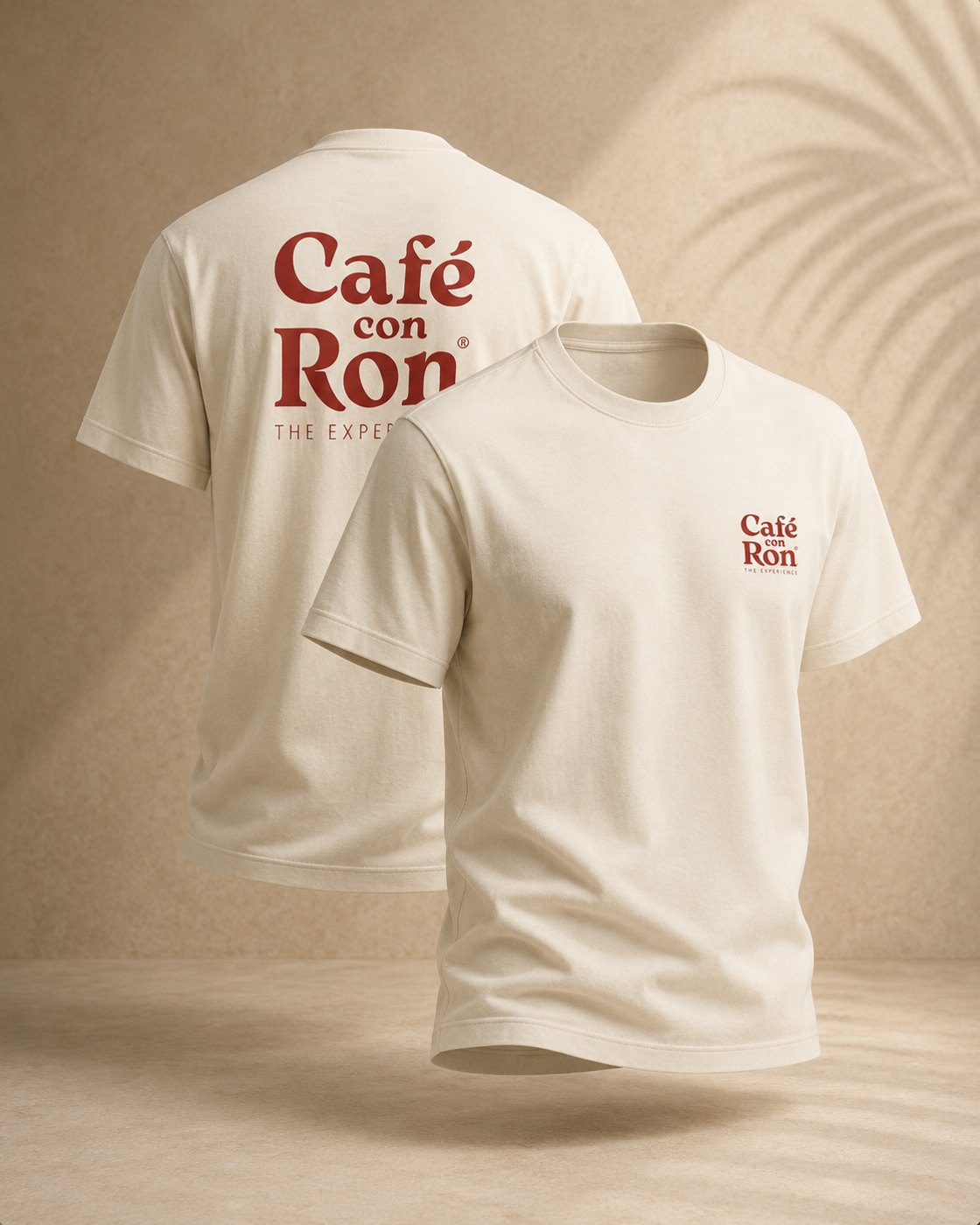 T-shirt Café Con Ron® bege, frente e costas